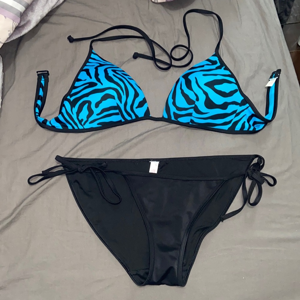 Blue and black print Victoria secret bikini tie string bikini top and bottom